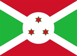 [ai] Flag of Burundi featuring a red field with a white diagonal cross bordered in green. A central white circle displays three red stars with green outlines.